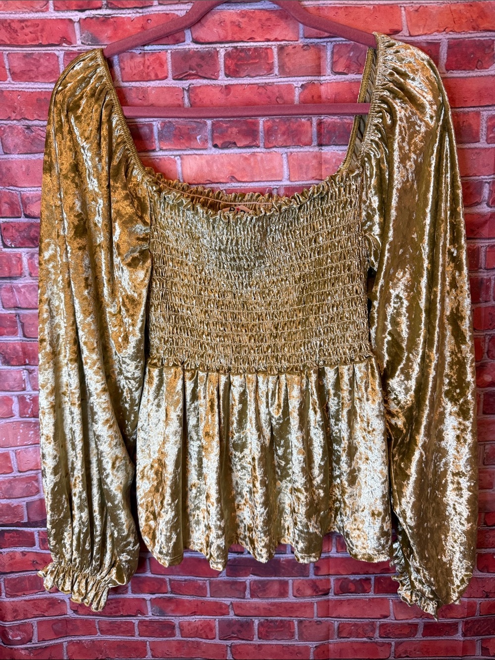 BiBi Green Crushed Velvet Smocked Peplum Top